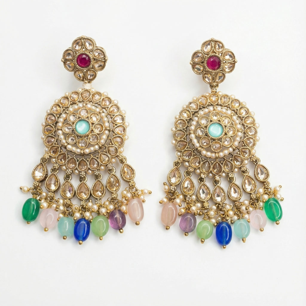 Navya Festival Earrings gold kundan chandelier with turquoise center and multicolor bead fringe on gray background