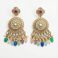 Navya Festival Earrings gold kundan chandelier with turquoise center and multicolor bead fringe on gray background