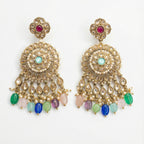 Navya Festival Earrings gold kundan chandelier with turquoise center and multicolor bead fringe on gray background