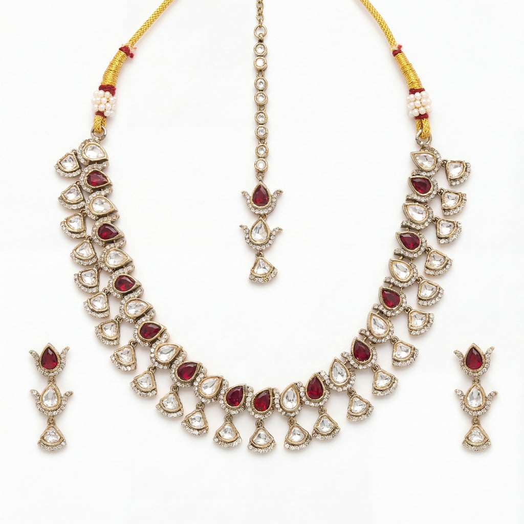 Ruby Veil Polki Necklace Set antique gold collar with ruby teardrops, earrings, and tikka