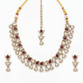Ruby Veil Polki Necklace Set antique gold collar with ruby teardrops, earrings, and tikka
