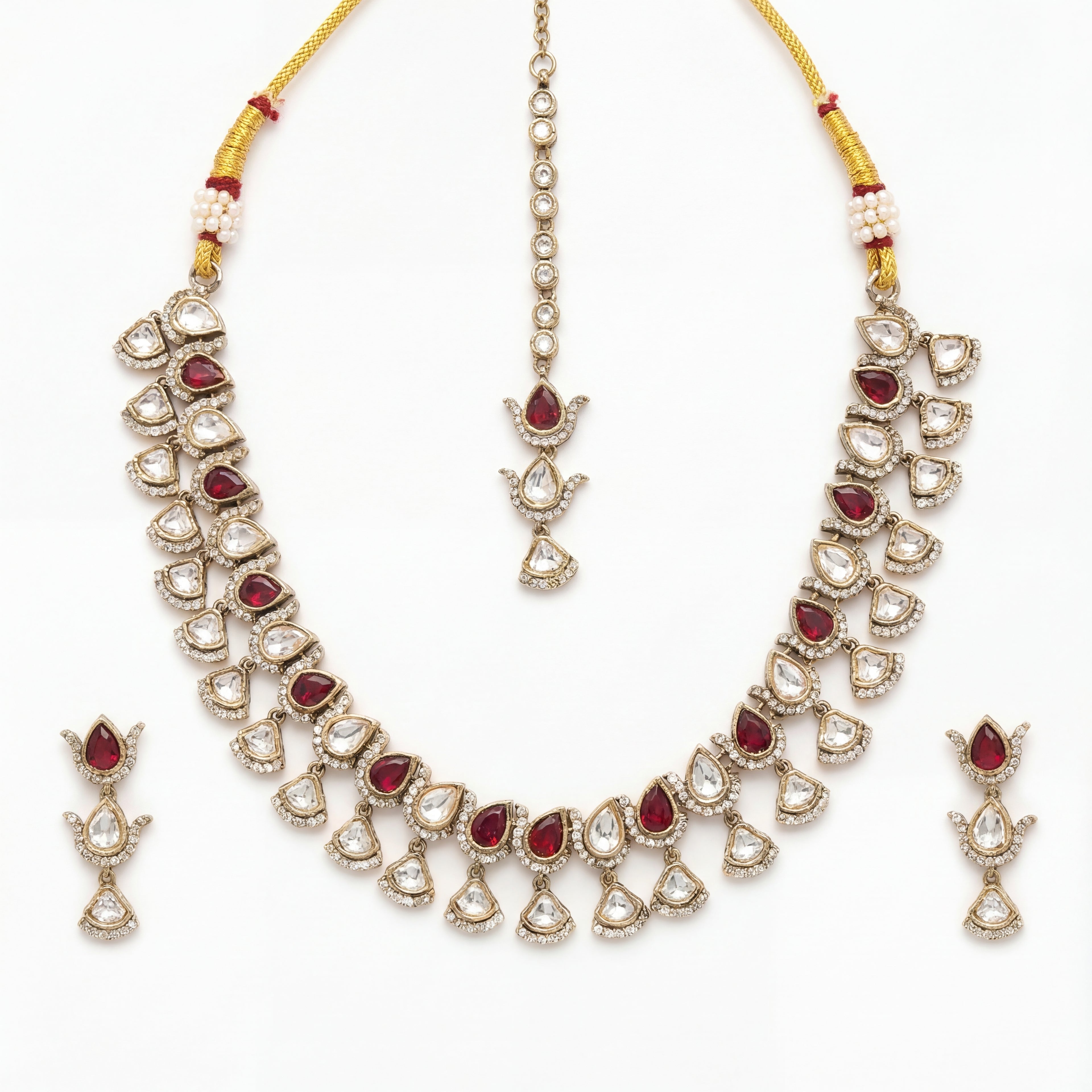 Ruby Veil Polki Necklace Set antique gold collar with ruby teardrops, earrings, and tikka
