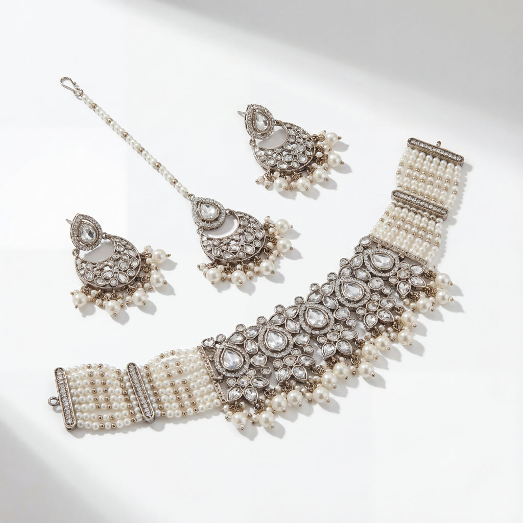 Saaya Pearl Choker Necklace Set detail showing clear polki center panel and multi-strand pearl sides