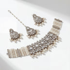 Saaya Pearl Choker Necklace Set detail showing clear polki center panel and multi-strand pearl sides