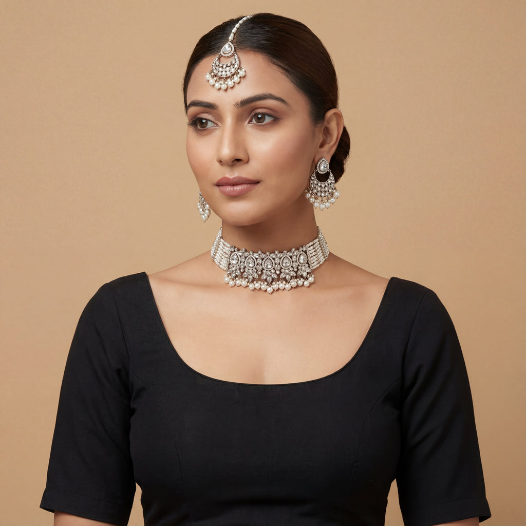 Saaya Pearl Choker Necklace Set detail showing clear polki center panel and multi-strand pearl sides
