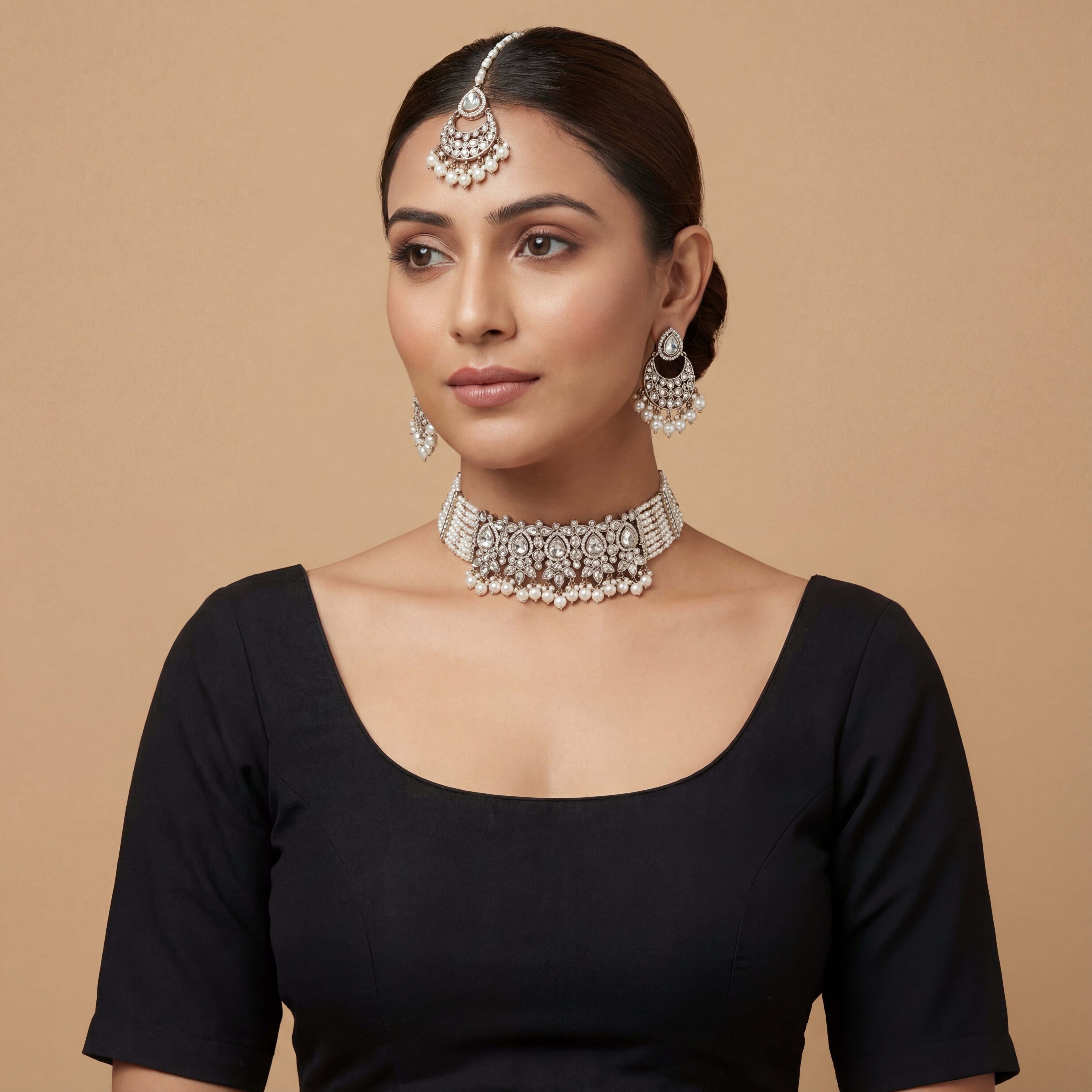 Saaya Pearl Choker Necklace Set detail showing clear polki center panel and multi-strand pearl sides