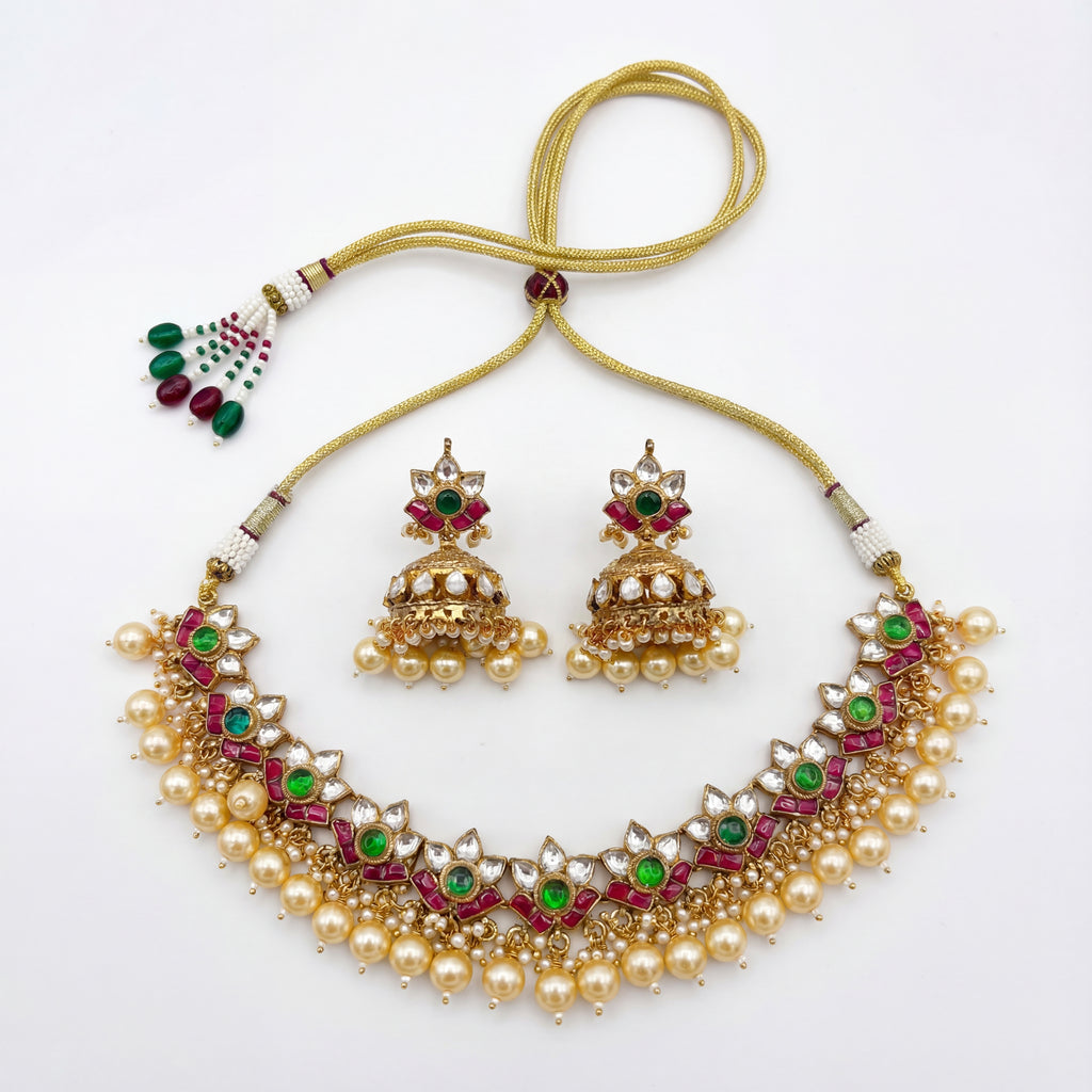 Rangrez Emerald Polki Necklace Set gold floral polki choker with jhumka earrings