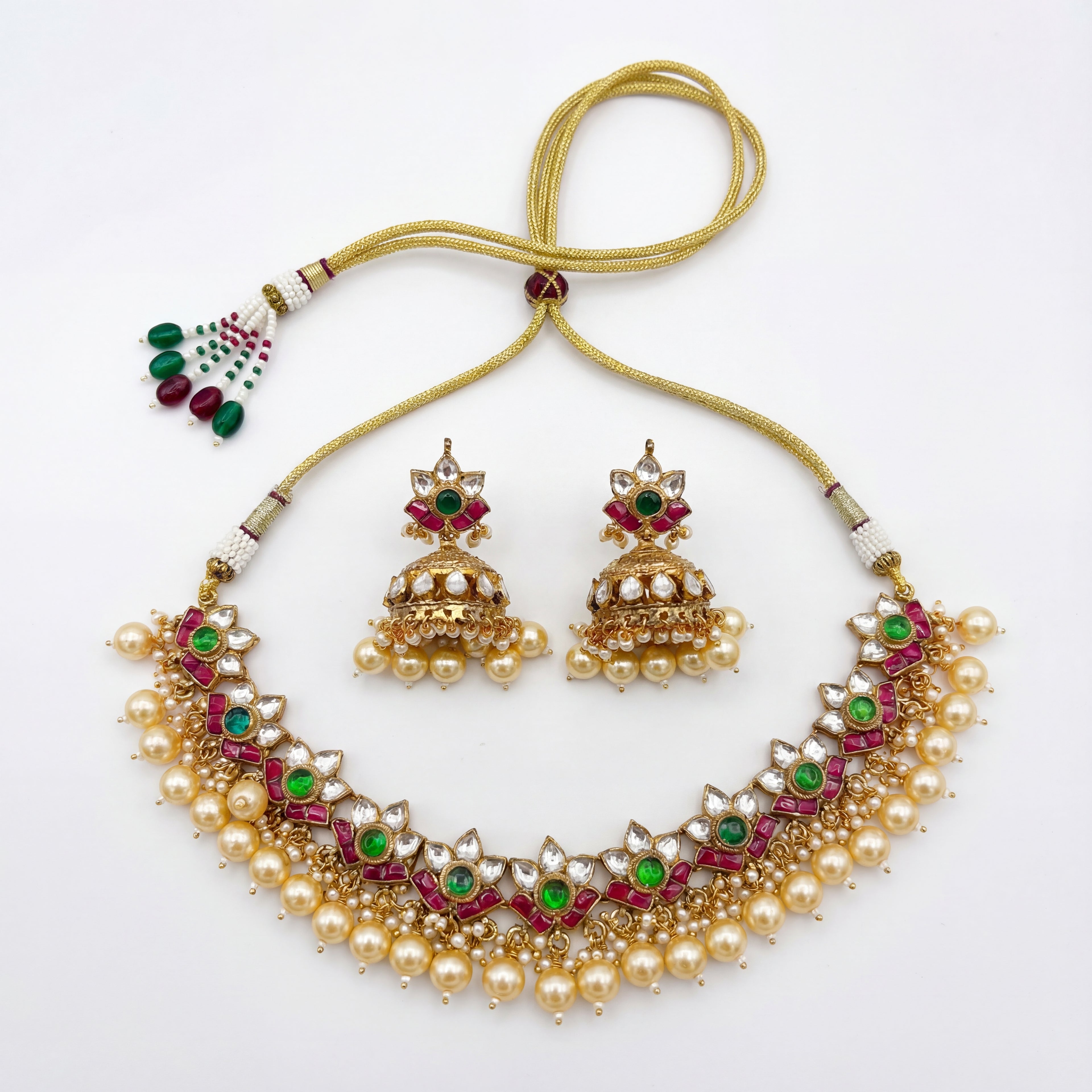 Rangrez Emerald Polki Necklace Set gold floral polki choker with jhumka earrings