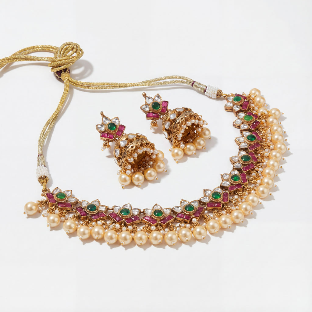 Rangrez Emerald Polki Necklace Set detail showing green and ruby floral motifs and pearl fringe