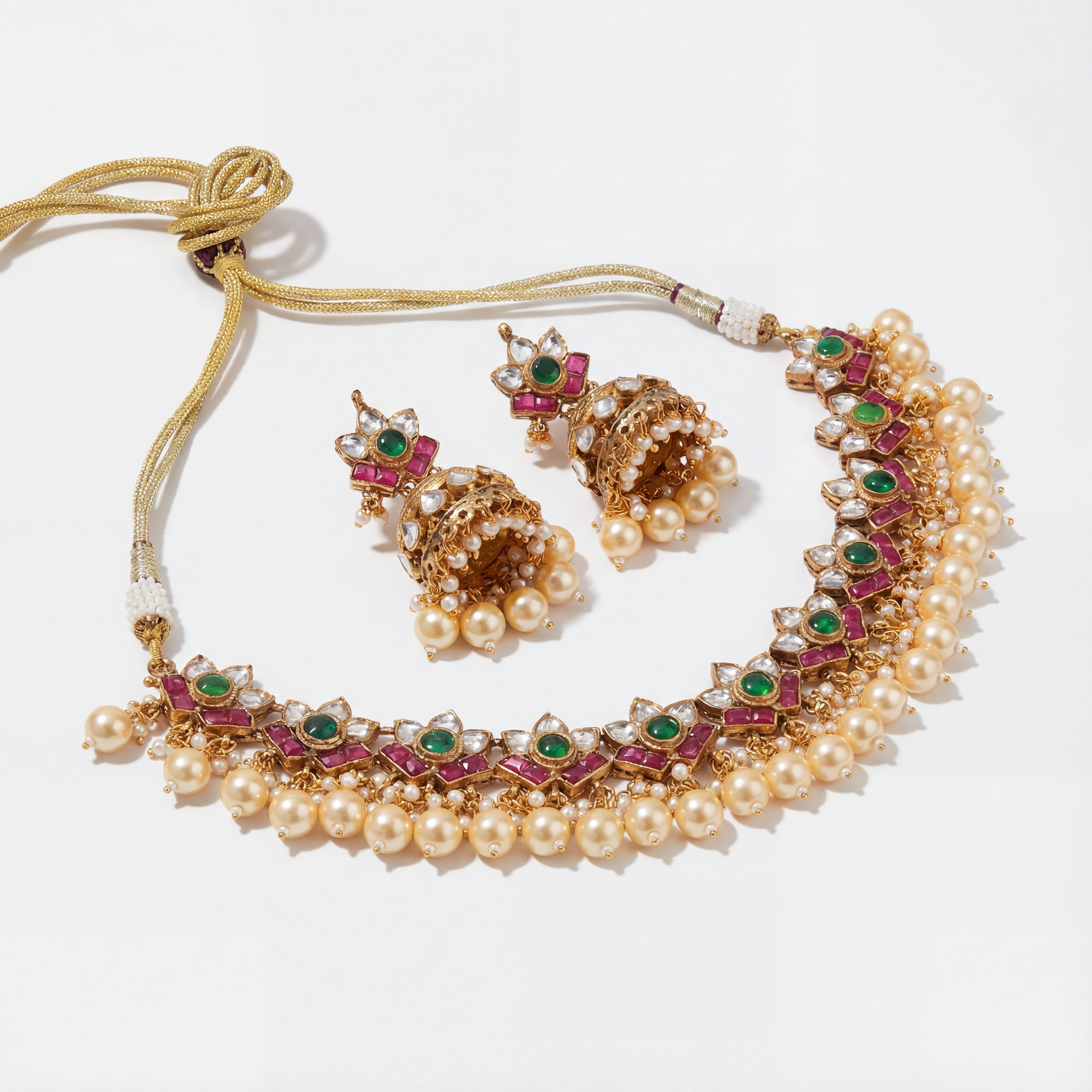 Rangrez Emerald Polki Necklace Set detail showing green and ruby floral motifs and pearl fringe