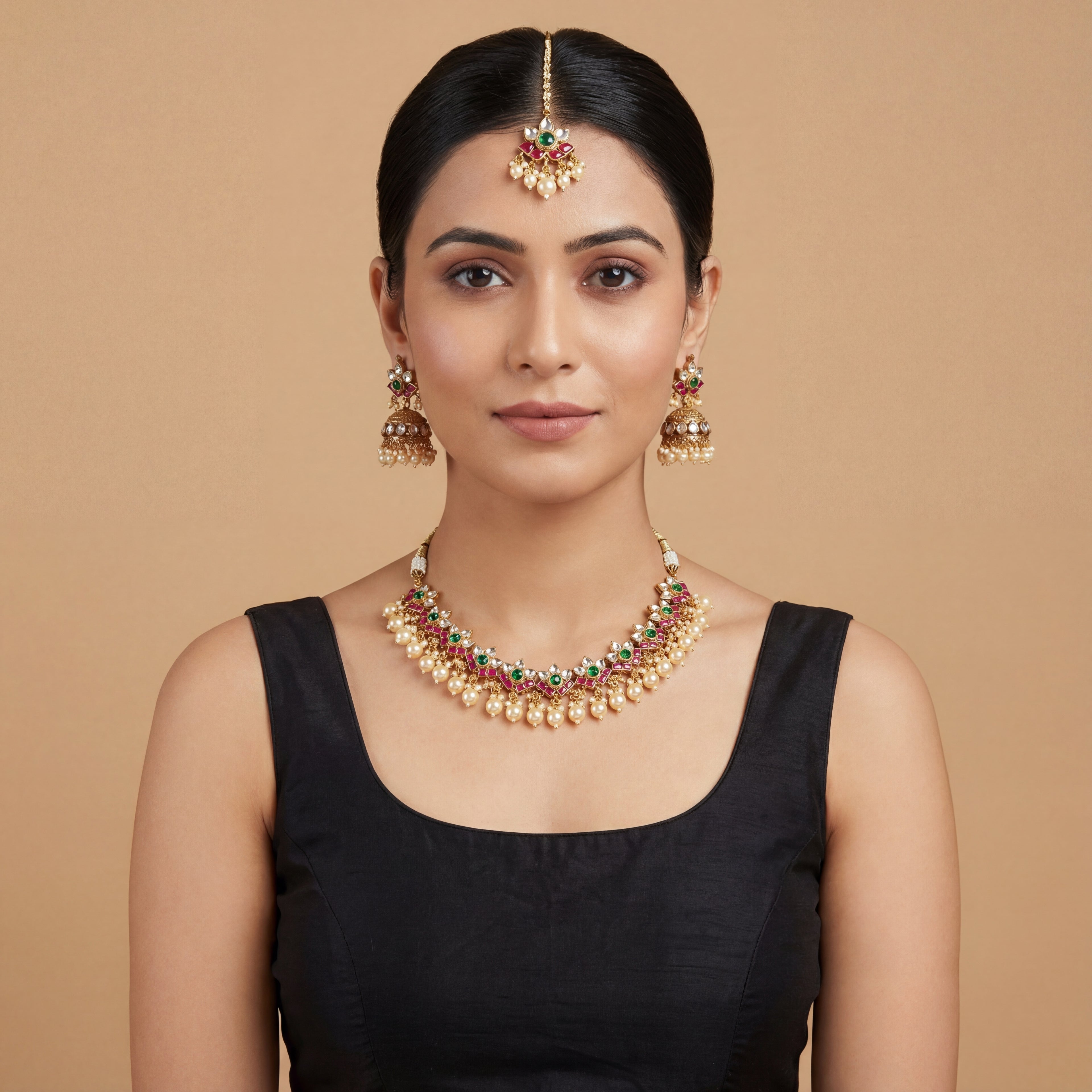 Rangrez Emerald Polki Necklace Set detail showing green and ruby floral motifs and pearl fringe