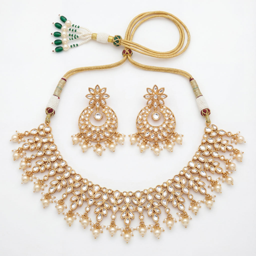 Anmol Floral Polki Necklace Set gold floral polki bib with chandbali earrings on white background