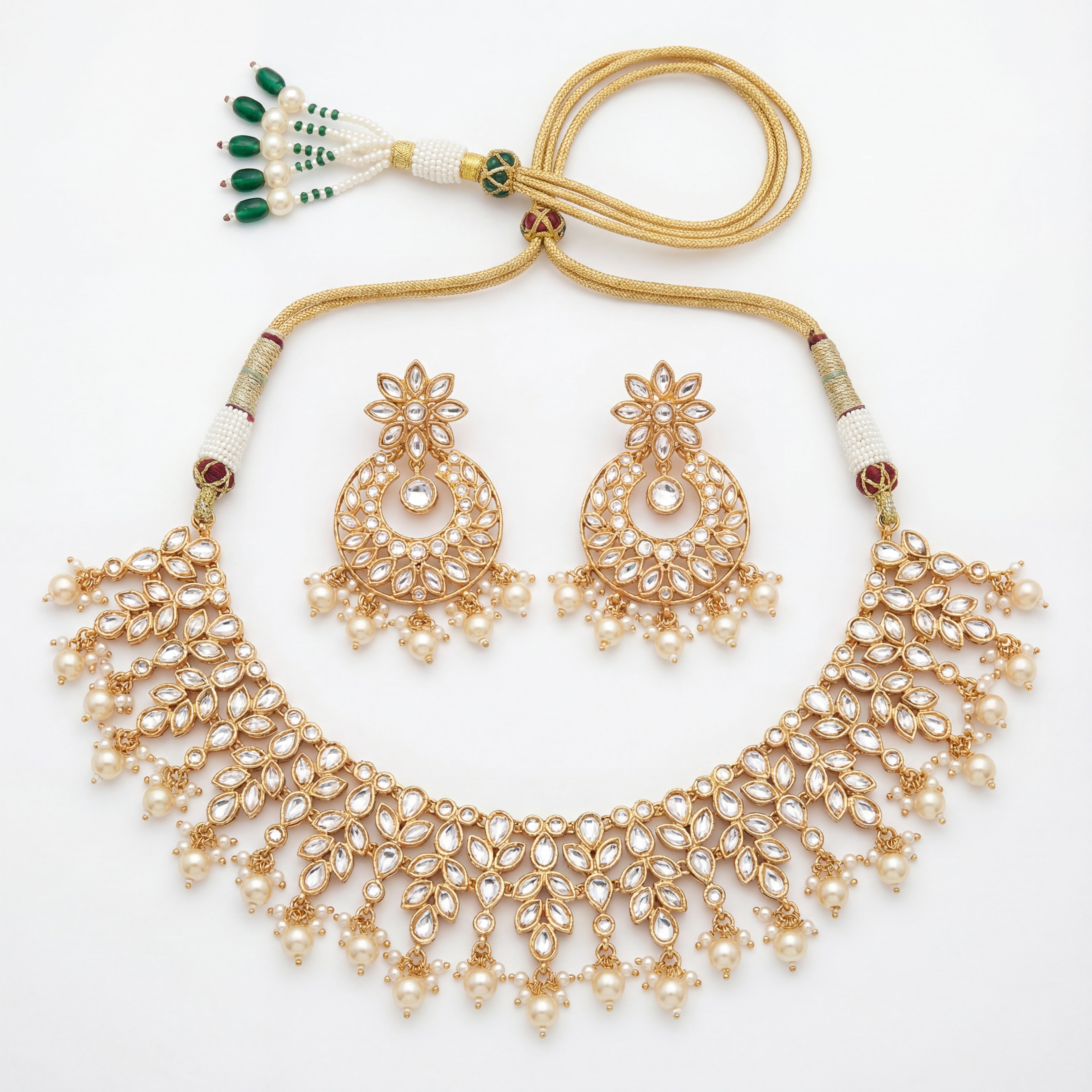Anmol Floral Polki Necklace Set gold floral polki bib with chandbali earrings on white background
