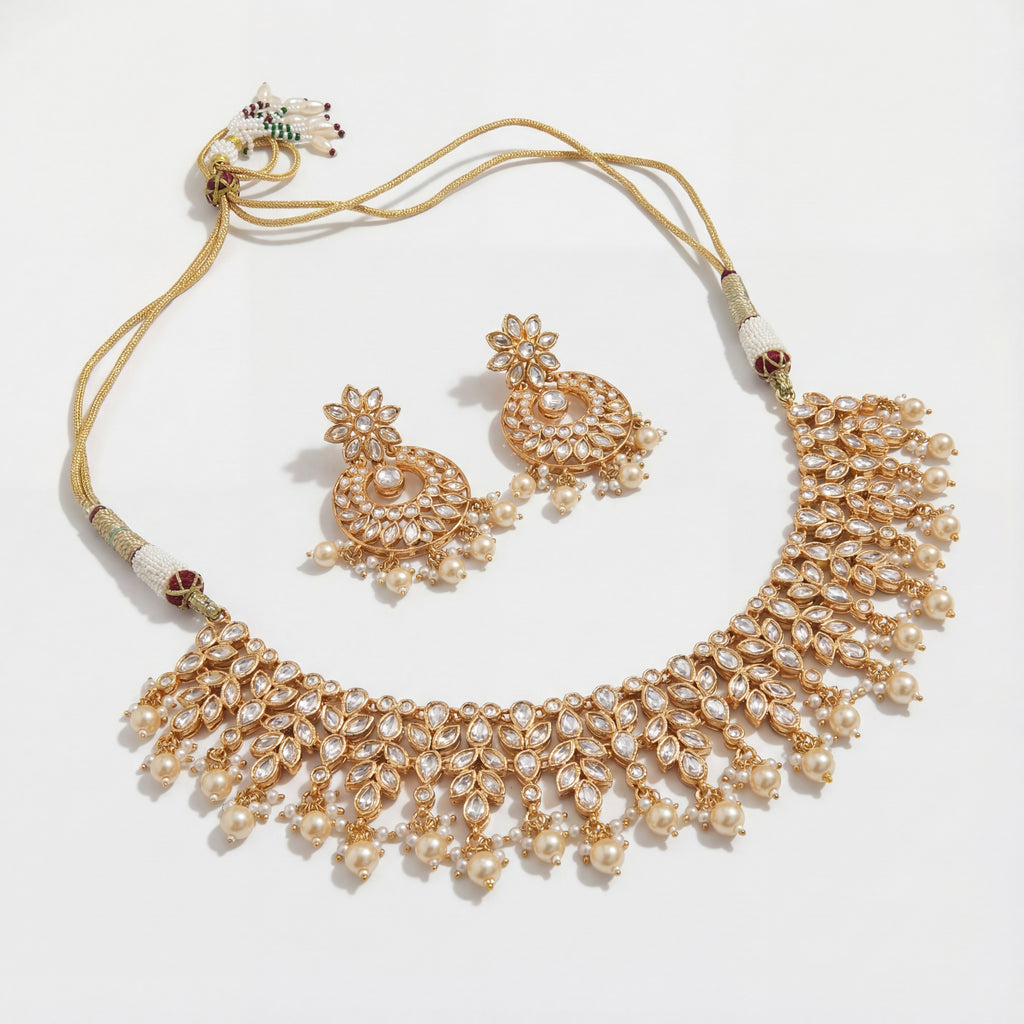 Anmol Floral Polki Necklace Set detail showing teardrop stone leaves and pearl fringe