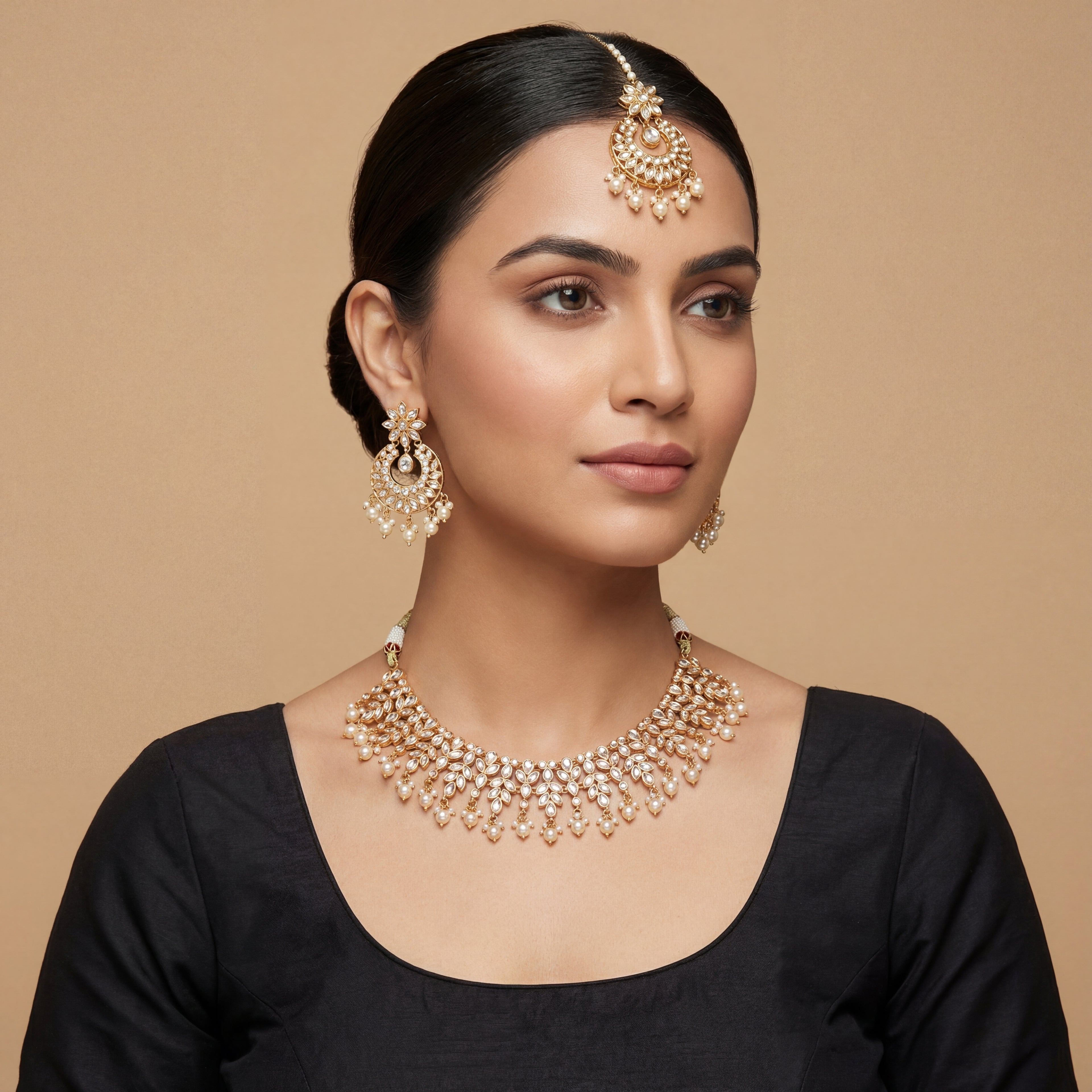Anmol Floral Polki Necklace Set detail showing teardrop stone leaves and pearl fringe