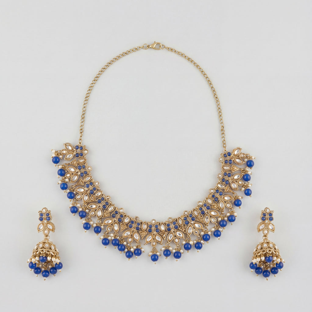 Sitara Blue Cascade Necklace Set detail showing blue bead fringe and kundan filigree work
