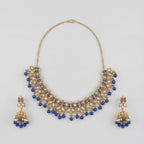 Sitara Blue Cascade Necklace Set detail showing blue bead fringe and kundan filigree work