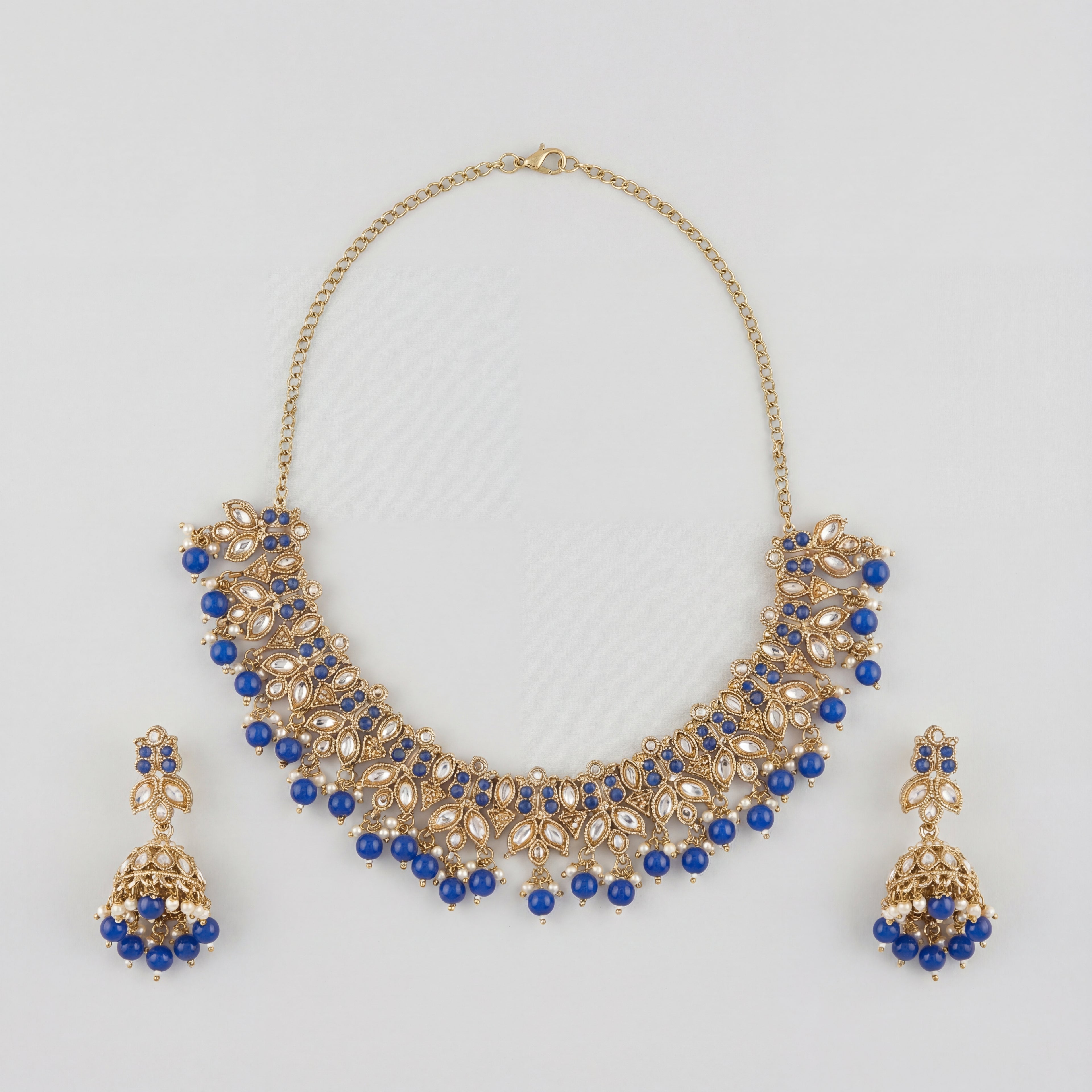 Sitara Blue Cascade Necklace Set detail showing blue bead fringe and kundan filigree work