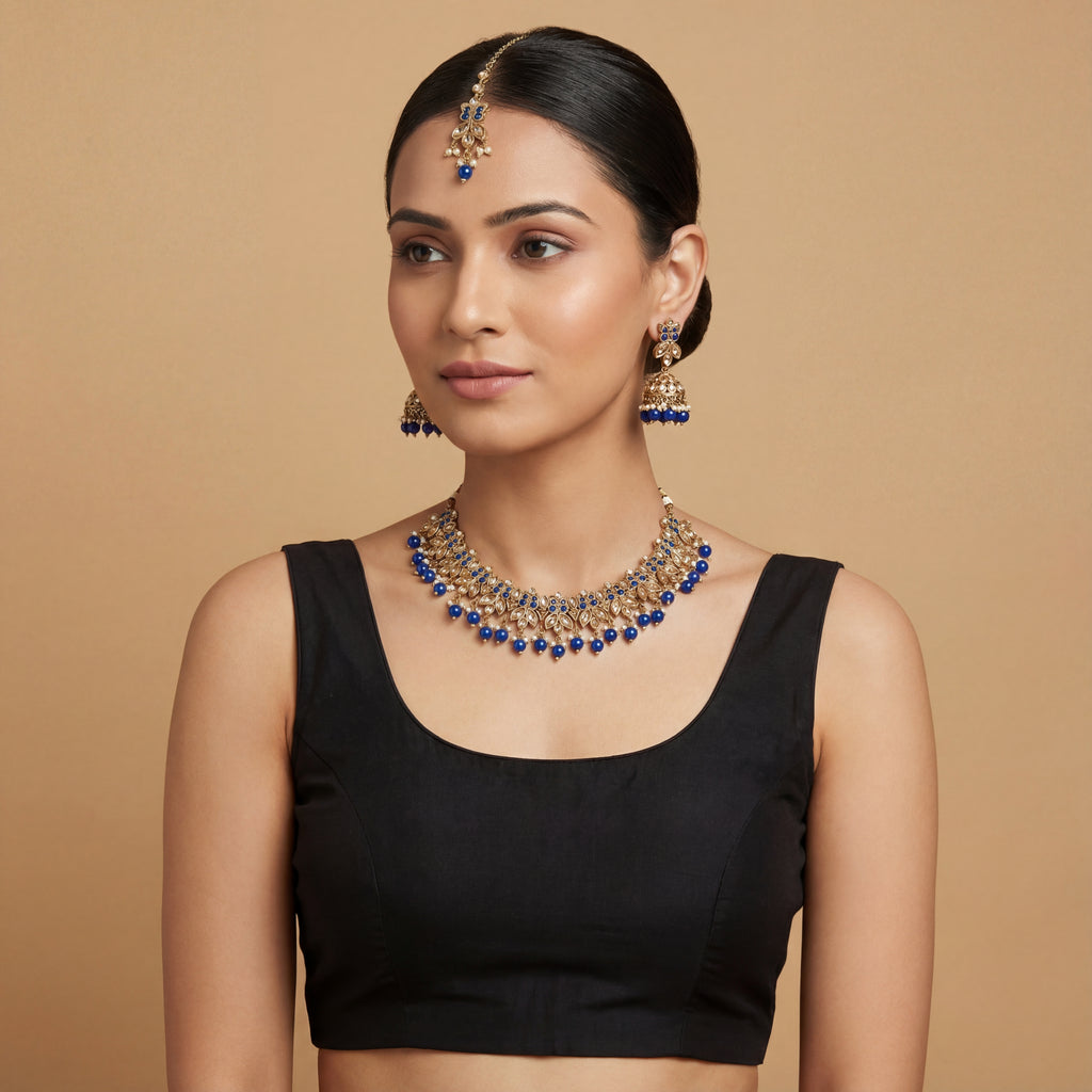 Sitara Blue Cascade Necklace Set detail showing blue bead fringe and kundan filigree work