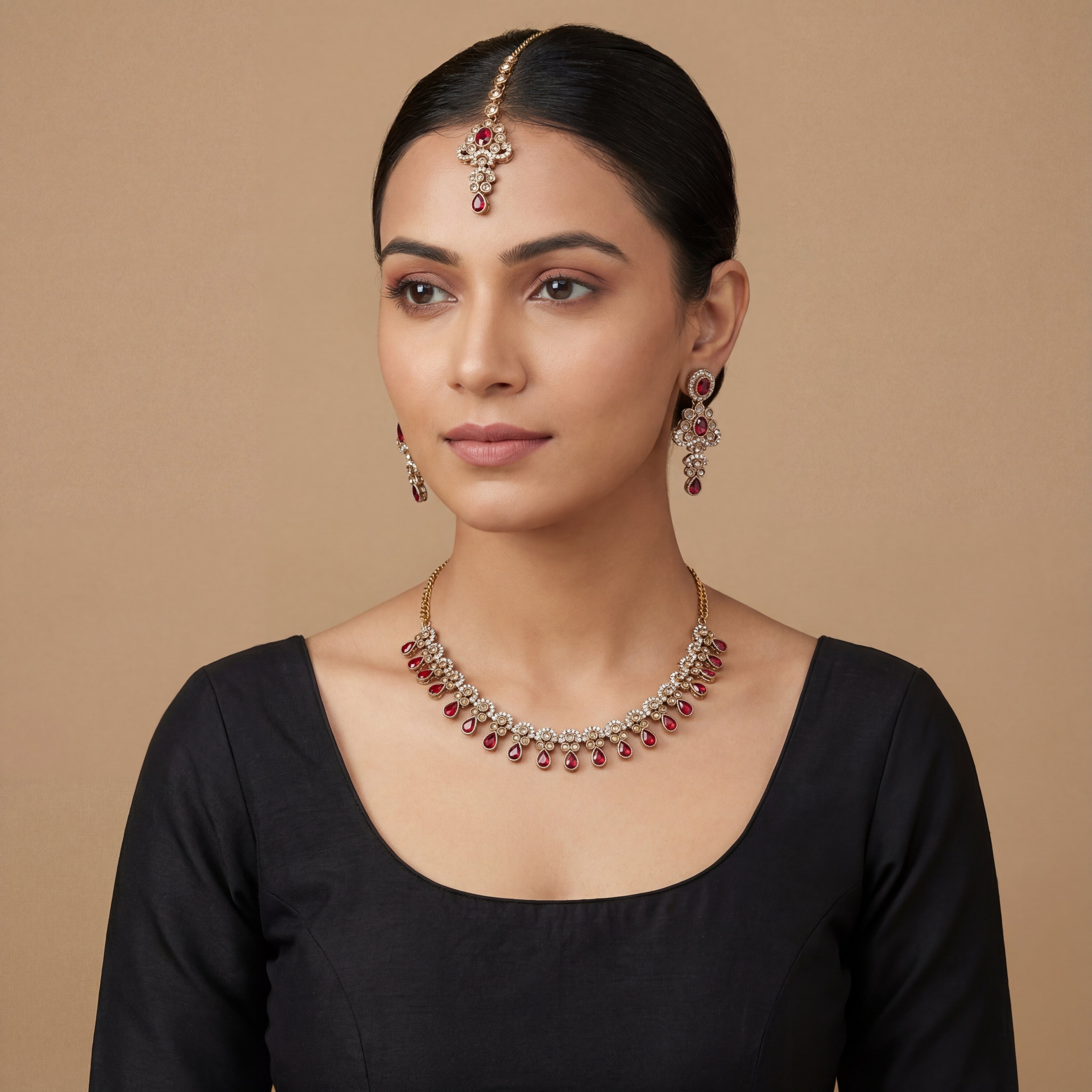 Zeenat Ruby Polki Necklace Set detail showing ruby teardrop fringe and crystal-set scalloped panels
