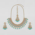 Chandni Aqua Polki Necklace Set with turquoise teardrop stones, earrings, and maang tikka
