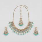 Chandni Aqua Polki Necklace Set with turquoise teardrop stones, earrings, and maang tikka