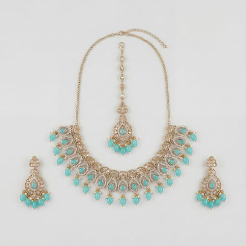 Chandni Aqua Polki Necklace Set with turquoise teardrop stones, earrings, and maang tikka