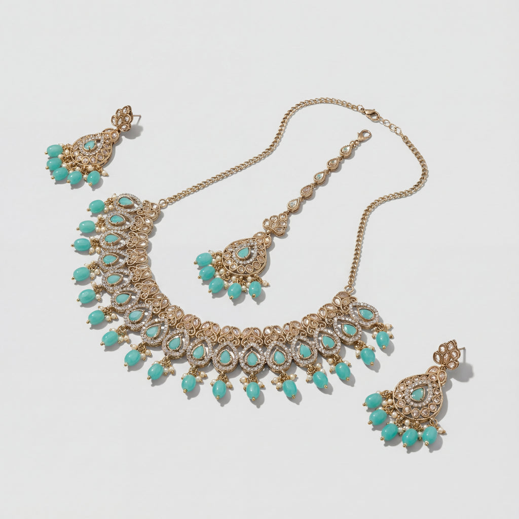Chandni Aqua Polki Necklace Set detail of aqua polki teardrops and crystal borders