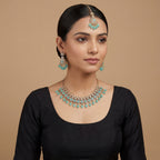 Chandni Aqua Polki Necklace Set detail of aqua polki teardrops and crystal borders