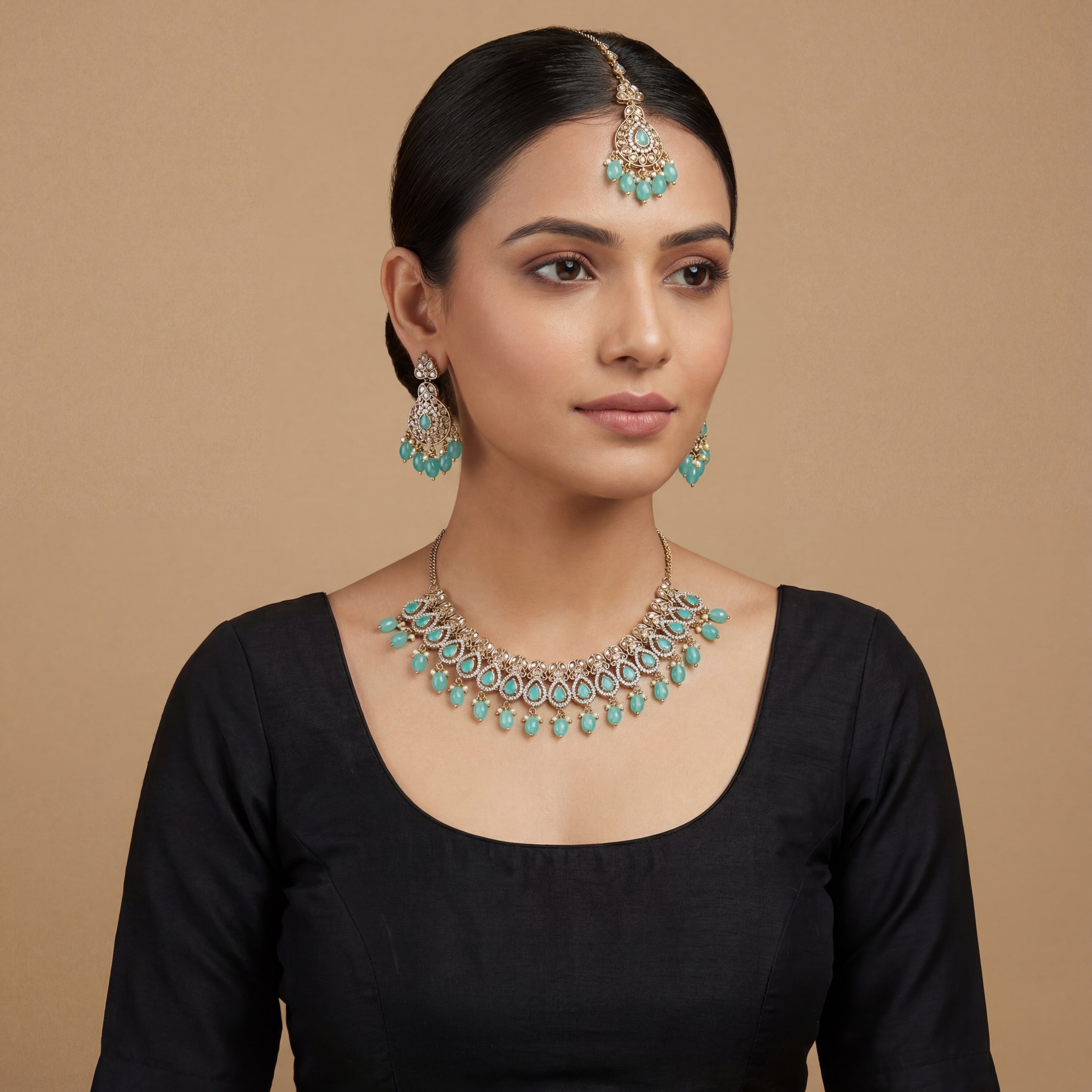 Chandni Aqua Polki Necklace Set detail of aqua polki teardrops and crystal borders