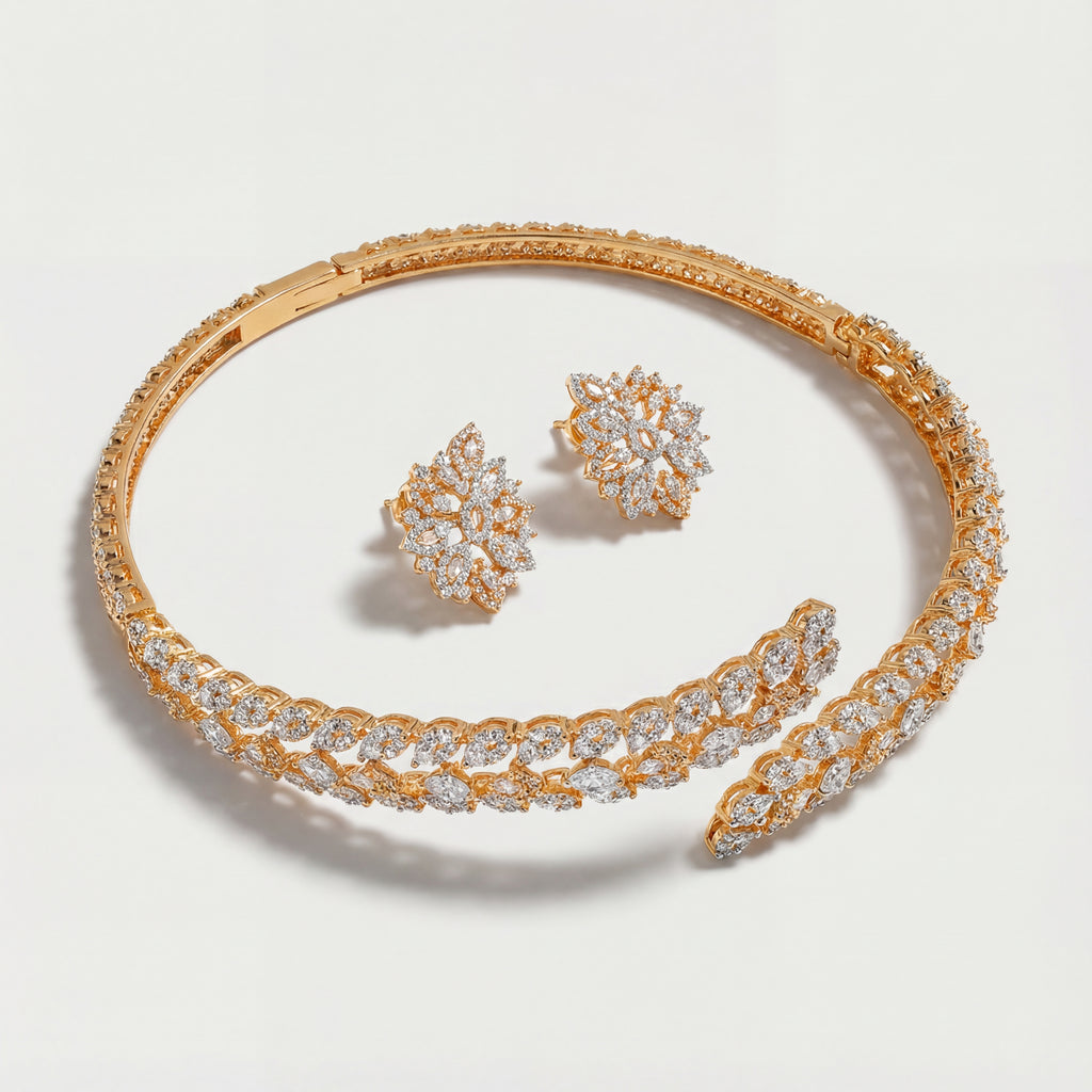 Ivory Vine Necklace Set gold-tone crystal vine collar choker with matching stud earrings on gray background