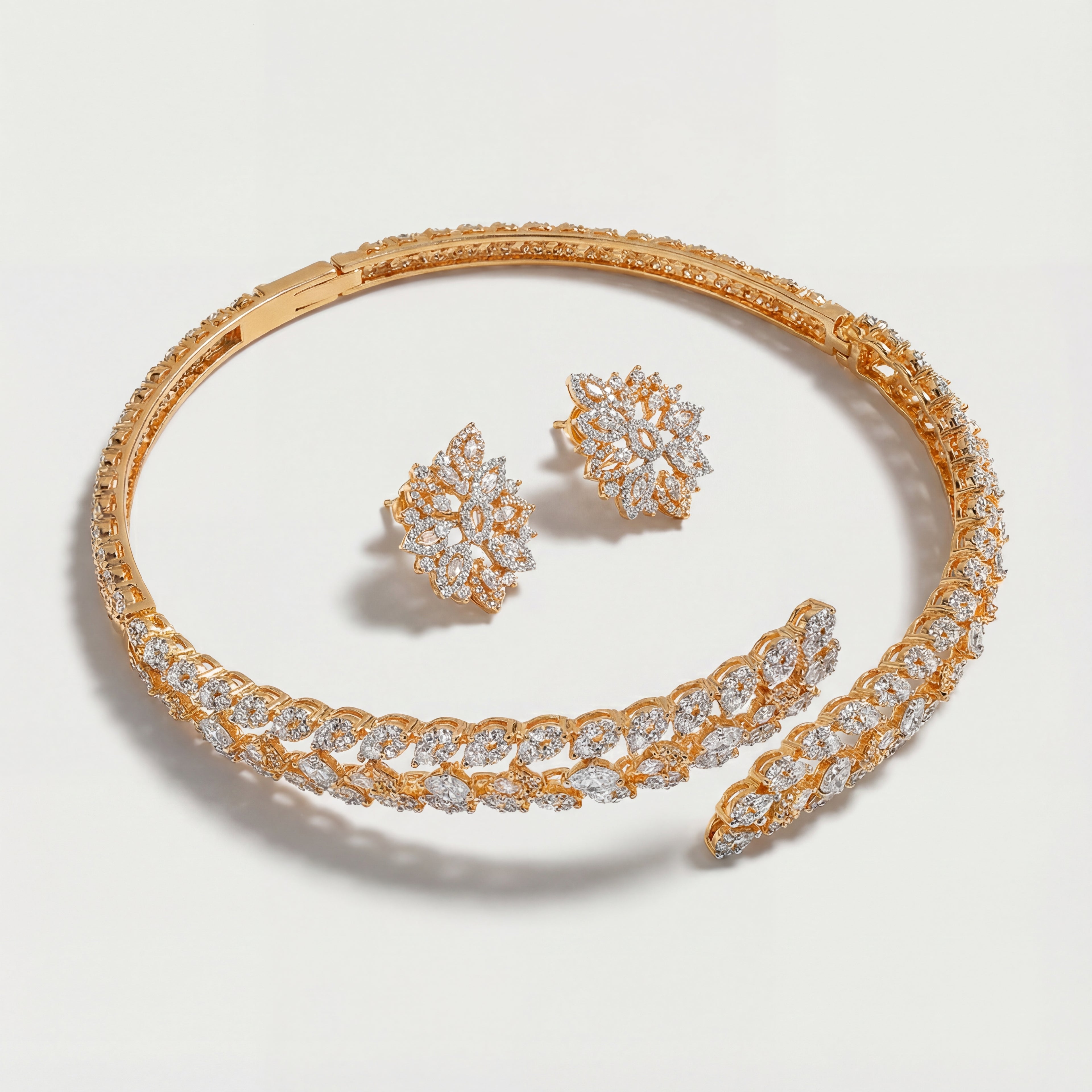 Ivory Vine Necklace Set gold-tone crystal vine collar choker with matching stud earrings on gray background