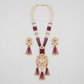 Shahi Ruby Polki Grand Necklace Set gold Rani haar with ruby beads and polki pendant on gray background