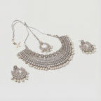 Moonstone Pearl Necklace Choker Set silver mesh choker with chandbali earrings and maang tikka