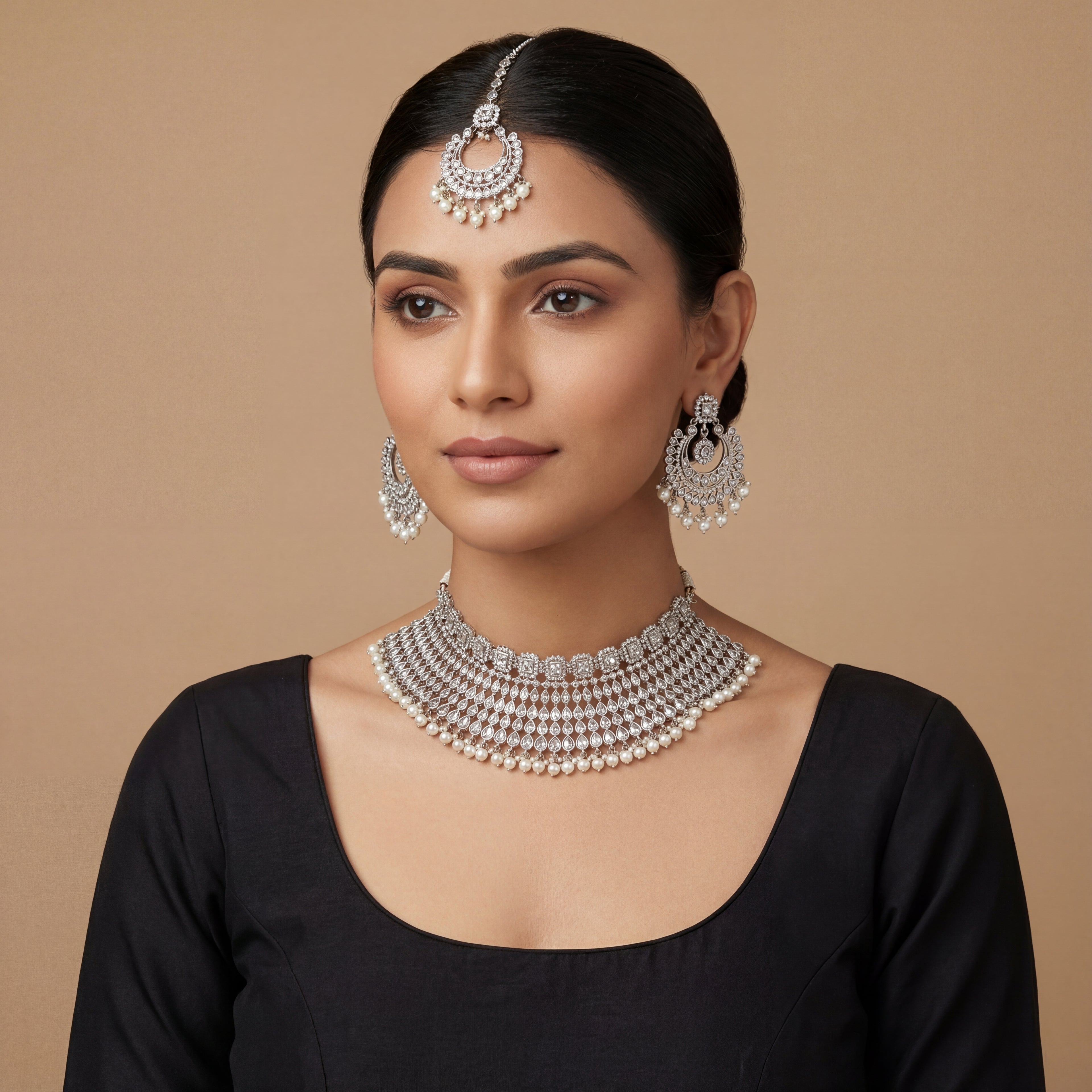 Moonstone Pearl Necklace Choker Set detail showing clear stone mesh and pearl drop fringe