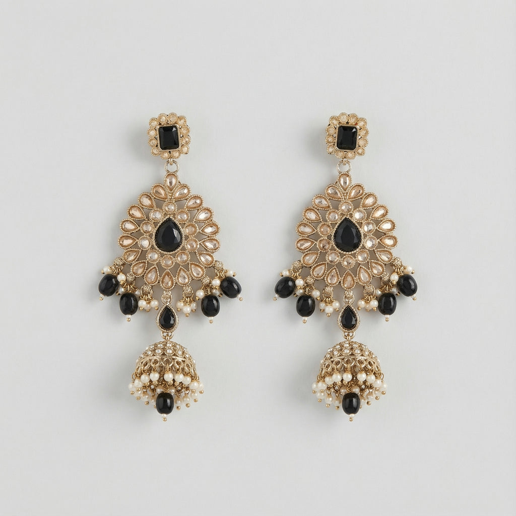 Onyx Noor Jhumka Earrings gold black onyx tiered jhumkas with pearl accents