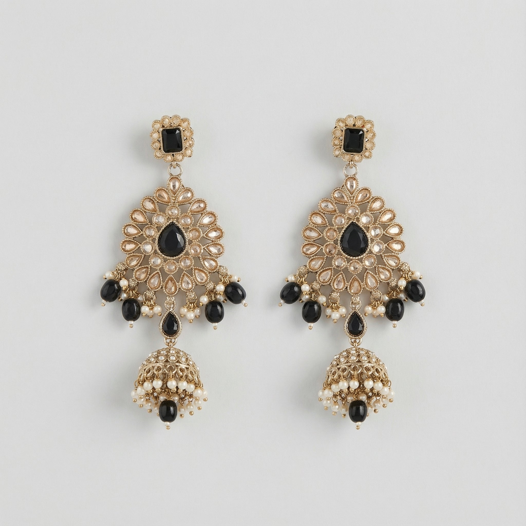 Onyx Noor Jhumka Earrings gold black onyx tiered jhumkas with pearl accents