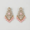 Pink Noor Kundan Earrings gold-tone chandelier drops with pink cabochon centers and pearl fringe on gray background