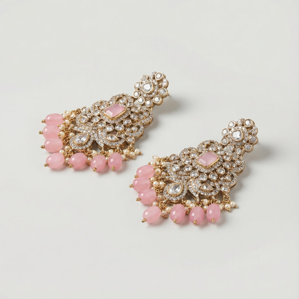 Pink Noor Kundan Earrings detail showing pink stone centers clear pavé and pearl and pink bead dangles