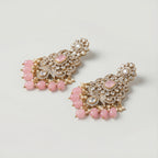 Pink Noor Kundan Earrings detail showing pink stone centers clear pavé and pearl and pink bead dangles