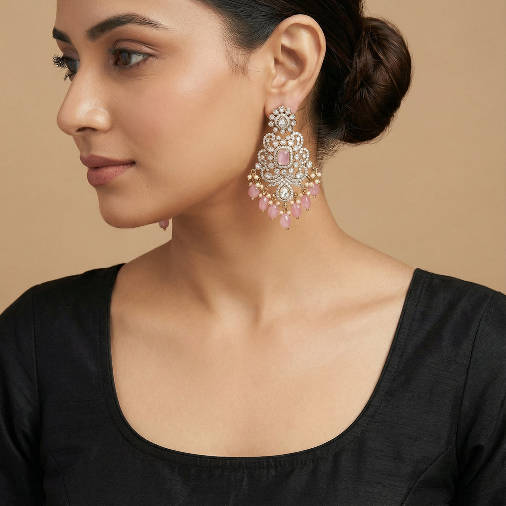 Pink Noor Kundan Earrings detail showing pink stone centers clear pavé and pearl and pink bead dangles