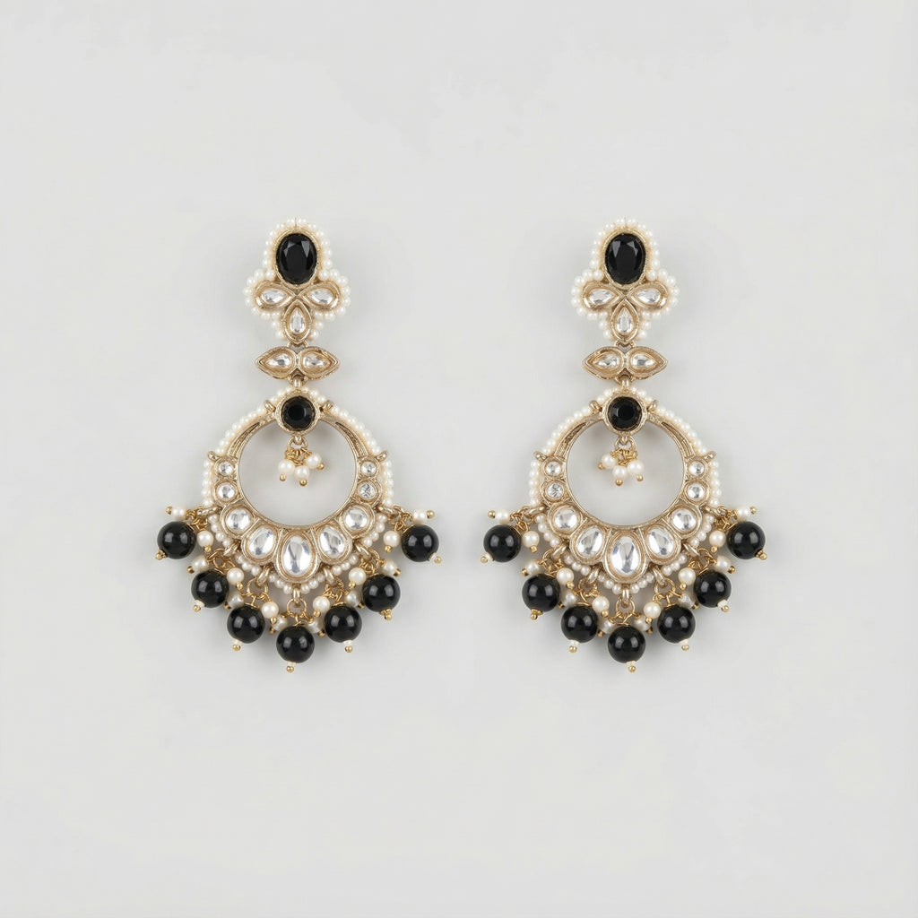 Onyx Circle Noor Earrings gold chandbali hoops with black onyx and pearl fringe on gray background