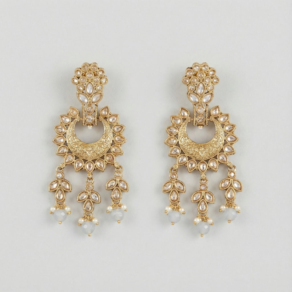 Moonstone Veil Crescent Earrings detail showing engraved crescent and pale blue bead drops