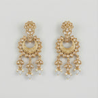 Moonstone Veil Crescent Earrings detail showing engraved crescent and pale blue bead drops