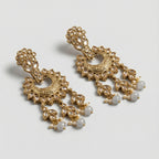 Moonstone Veil Crescent Earrings gold chandbalis with moonstone pearl and crystal dangles