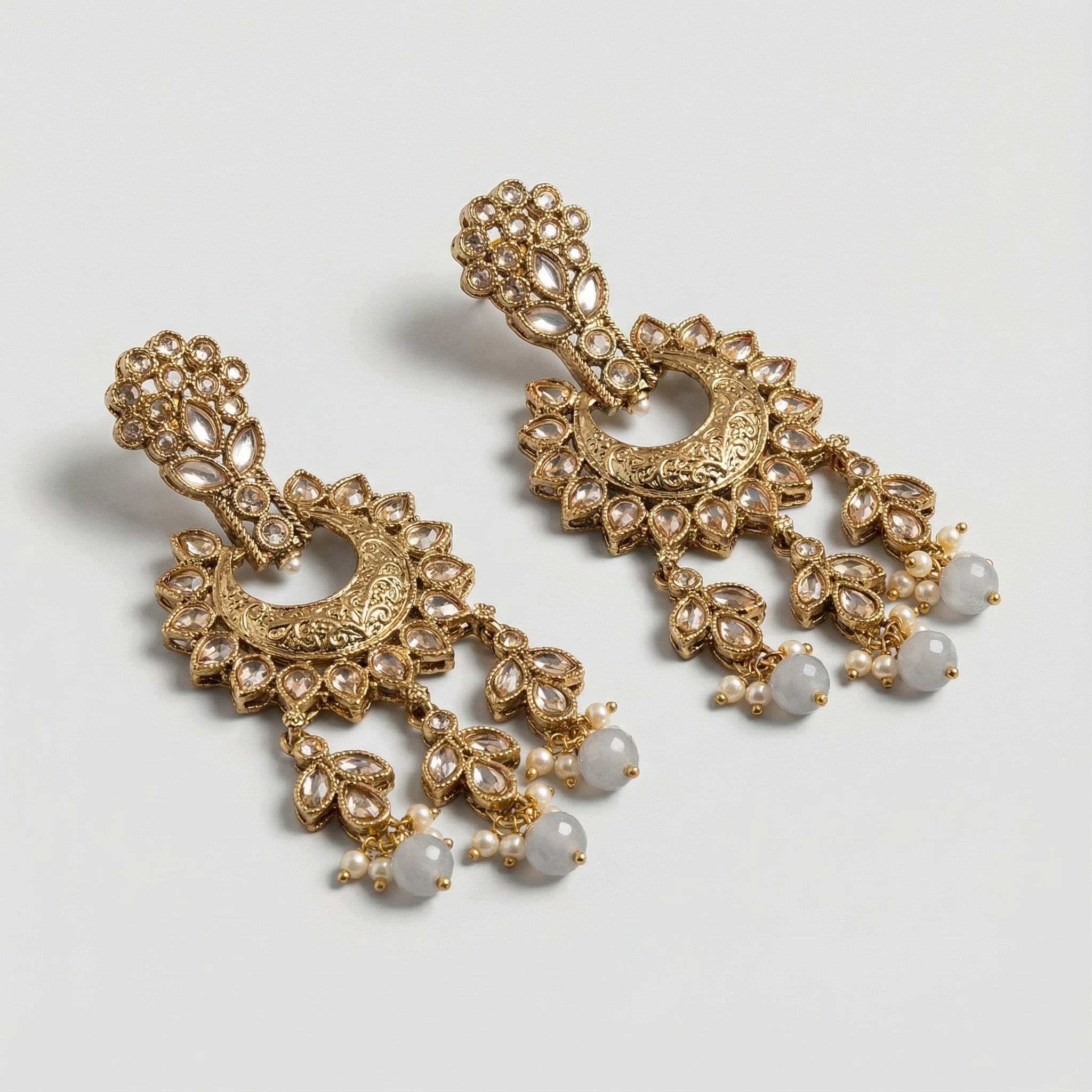 Moonstone Veil Crescent Earrings gold chandbalis with moonstone pearl and crystal dangles