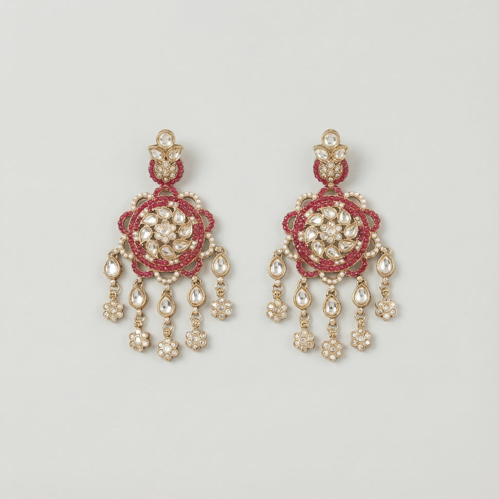 Rani Kundan Cascade Earrings gold kundan chandelier with ruby border and pear fringe on gray background