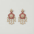 Rani Kundan Cascade Earrings gold kundan chandelier with ruby border and pear fringe on gray background