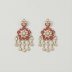 Rani Kundan Cascade Earrings gold kundan chandelier with ruby border and pear fringe on gray background