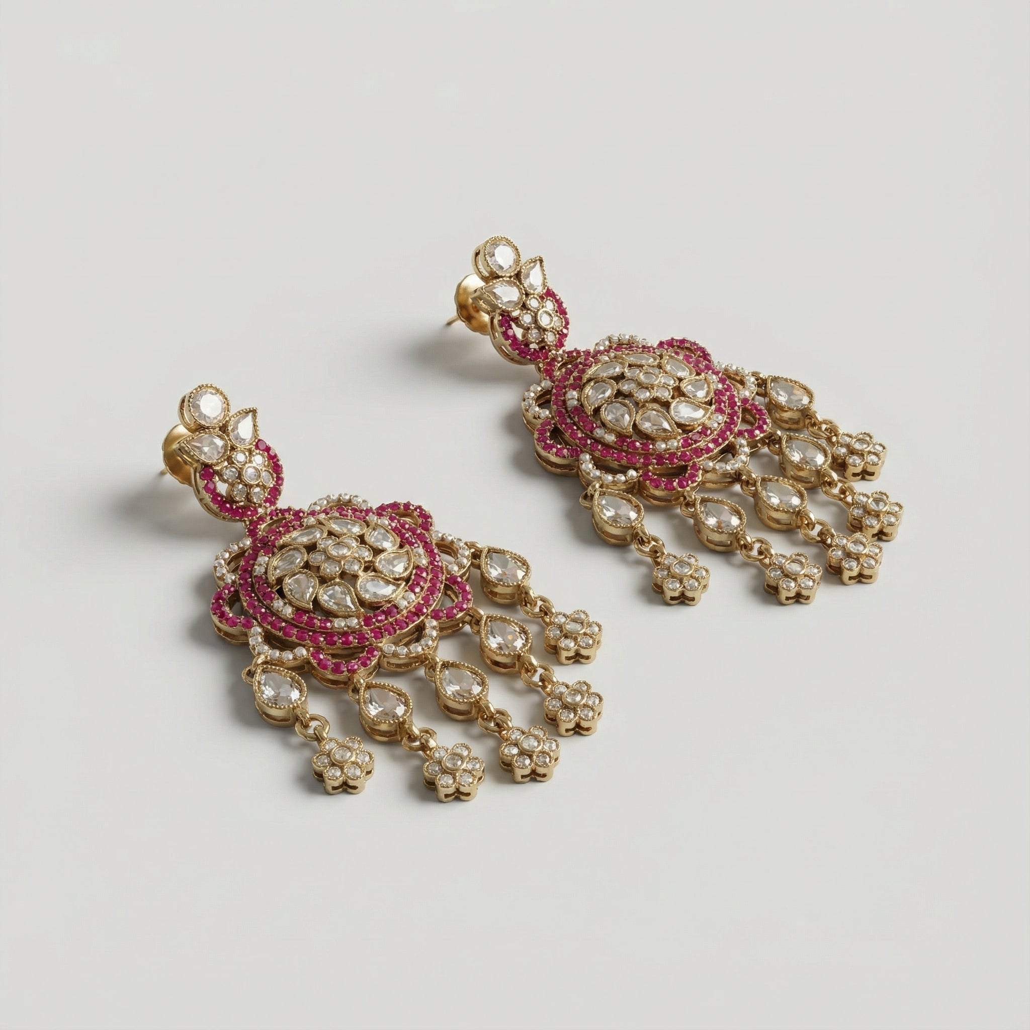 Rani Kundan Cascade Earrings detail showing polki floral center, pearl rim, and dangling pear drops